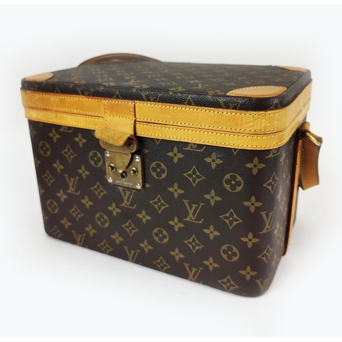 32 - LOUIS VUITTON VANITY CASE, hard sided monogram canvas with leather trim, 22cm H x 33cm x 23cm.