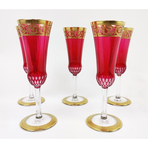 36 - SAINT LOUIS, set of six, Champagne flutes, red crystal glass, thistle design, gilt rims, 19cm H, com... 