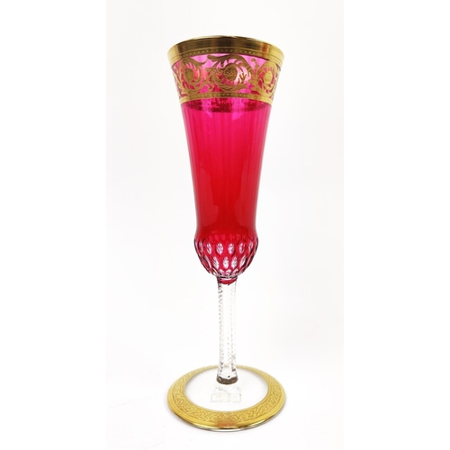 36 - SAINT LOUIS, set of six, Champagne flutes, red crystal glass, thistle design, gilt rims, 19cm H, com... 