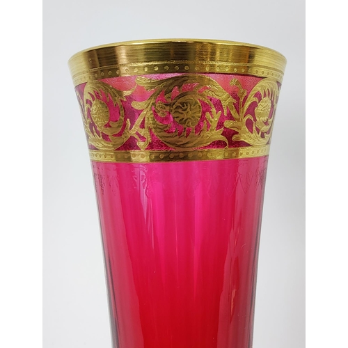 36 - SAINT LOUIS, set of six, Champagne flutes, red crystal glass, thistle design, gilt rims, 19cm H, com... 