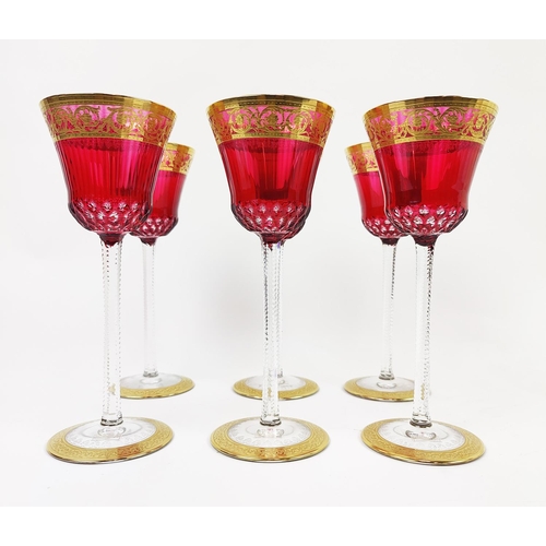 37 - SAINT LOUIS, set of six hock glasses, red crystal glass, thistle, design, gilt rims, 20.5cm H, compl... 