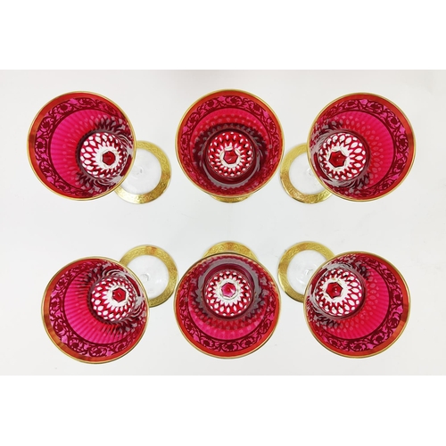 37 - SAINT LOUIS, set of six hock glasses, red crystal glass, thistle, design, gilt rims, 20.5cm H, compl... 