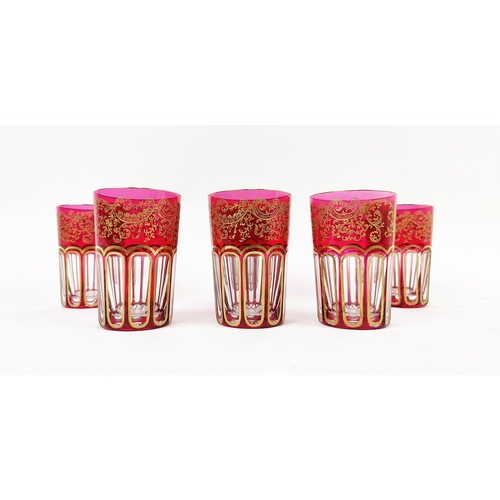 38 - SAINT LOUIS, set of six red crystal tea tumblers, rabat design, gilt decoration, star cut bases, 10c... 