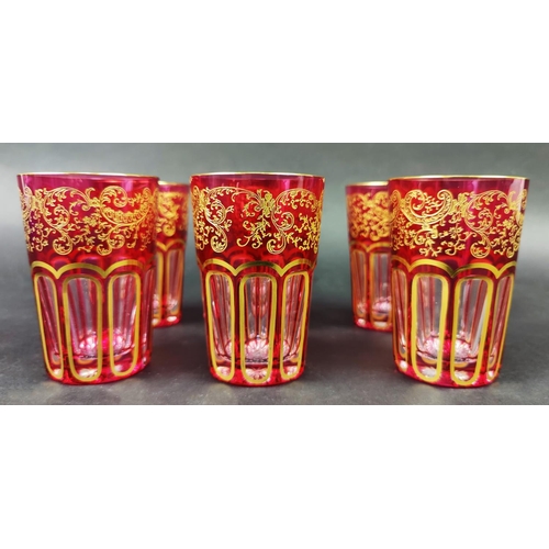 39 - SAINT LOUIS, set of six red tea tumblers, rabat design, gilt decoration, star cut bases, 9cm H, comp... 