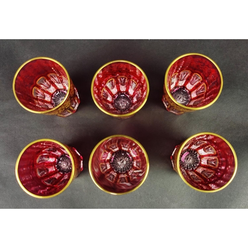 39 - SAINT LOUIS, set of six red tea tumblers, rabat design, gilt decoration, star cut bases, 9cm H, comp... 