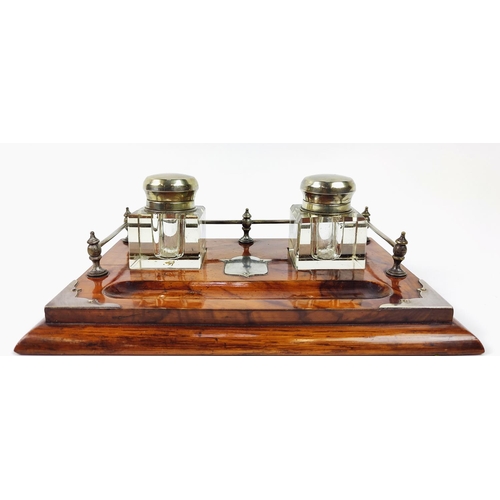 56 - INKWELL, Victorian burr walnut with twin inkwells and pen recess, 27cm L x 18cm W.