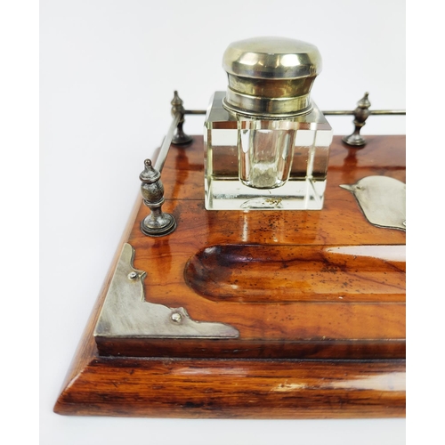 56 - INKWELL, Victorian burr walnut with twin inkwells and pen recess, 27cm L x 18cm W.