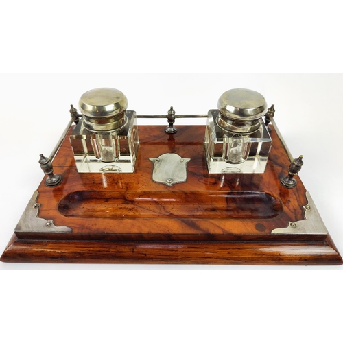 56 - INKWELL, Victorian burr walnut with twin inkwells and pen recess, 27cm L x 18cm W.