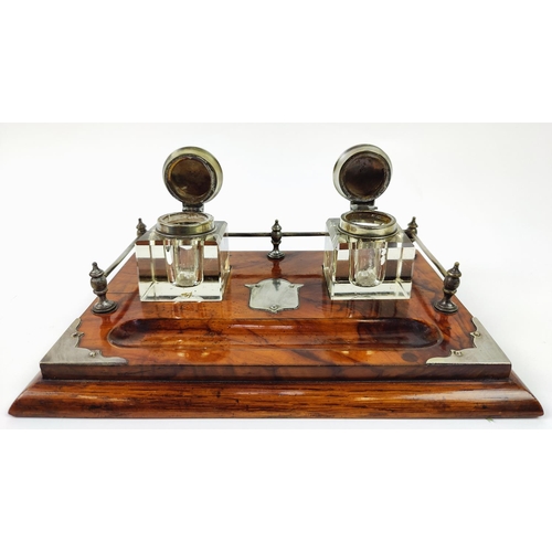 56 - INKWELL, Victorian burr walnut with twin inkwells and pen recess, 27cm L x 18cm W.