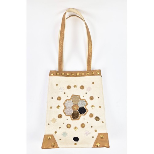 2A - MATTHEW WILLIAMSON TOTE, canvas body with leather trims, beads and studs decoration, fabric lining, ... 