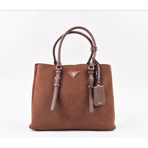 15A - PRADA SCAMOSCIATO SUEDE TOTE BAG, two top leather handles with silver tone hardware and buckles, det... 