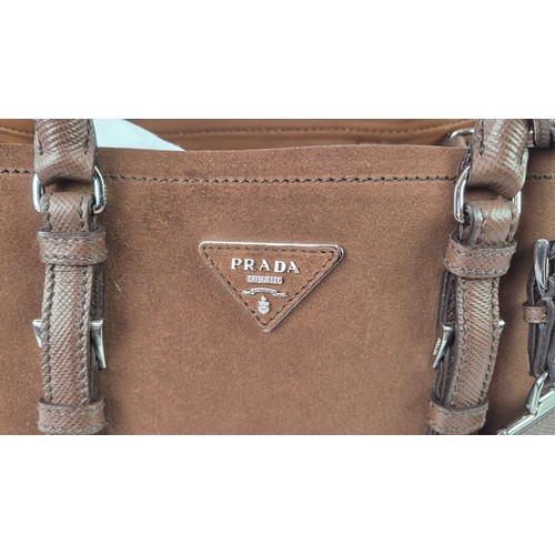 15A - PRADA SCAMOSCIATO SUEDE TOTE BAG, two top leather handles with silver tone hardware and buckles, det... 