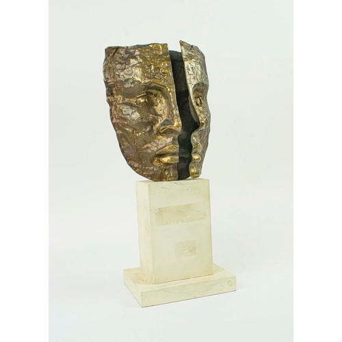 72 - RENÉ BERTHET (French b.1941), 'Triptych Faces', bronze, signed 'Berthet 96 and numbered 1/1, 27cm H.