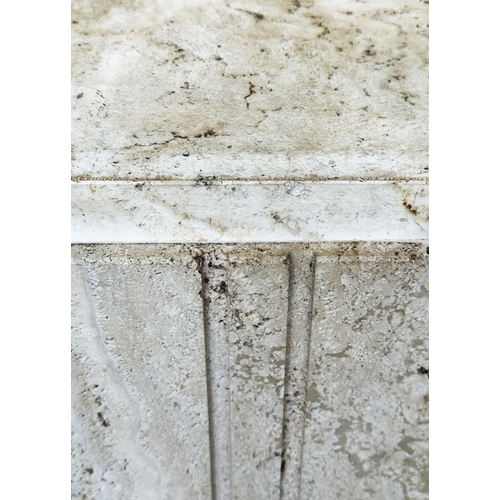 473 - TRAVERTINE COLUMN/PLINTH, Italian square, stepped and channelled, 24cm x 24cm 70cm H.