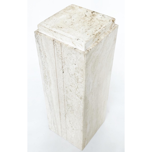 473 - TRAVERTINE COLUMN/PLINTH, Italian square, stepped and channelled, 24cm x 24cm 70cm H.