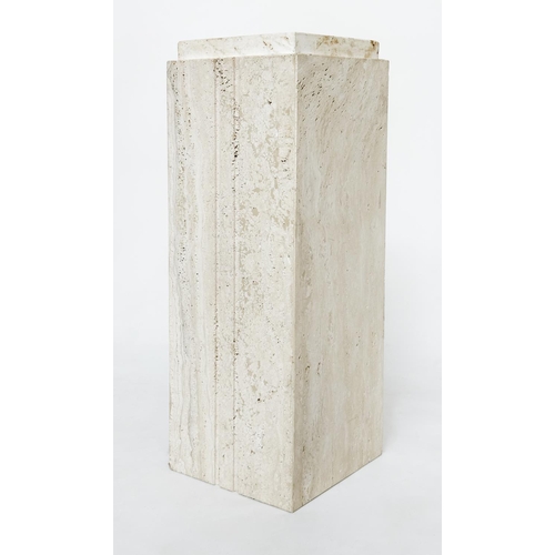 473 - TRAVERTINE COLUMN/PLINTH, Italian square, stepped and channelled, 24cm x 24cm 70cm H.