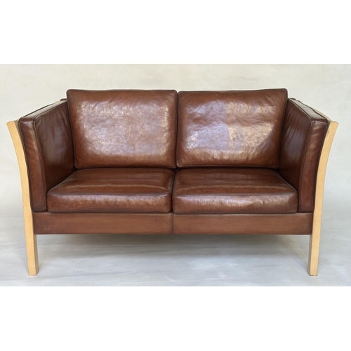 464 - SOFA BY STOUBY, two seater, stitched grained tan leather, 150cm W.