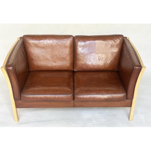 464 - SOFA BY STOUBY, two seater, stitched grained tan leather, 150cm W.