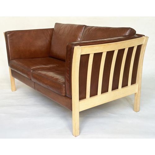 464 - SOFA BY STOUBY, two seater, stitched grained tan leather, 150cm W.