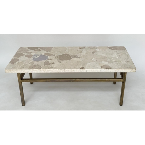 472 - TRAVERTINE LOW TABLE, Italian rectangular mosaic on gilt metal support, 117cm x 53cm D x 43cm H.