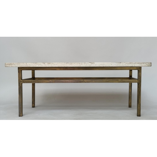 472 - TRAVERTINE LOW TABLE, Italian rectangular mosaic on gilt metal support, 117cm x 53cm D x 43cm H.