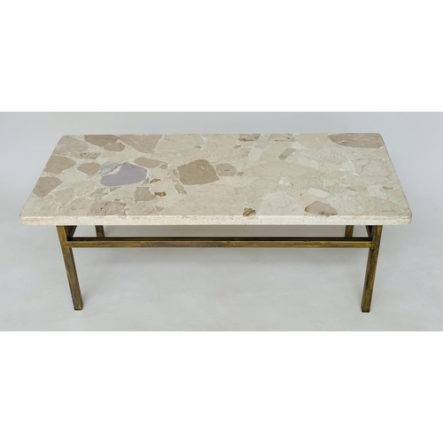 472 - TRAVERTINE LOW TABLE, Italian rectangular mosaic on gilt metal support, 117cm x 53cm D x 43cm H.