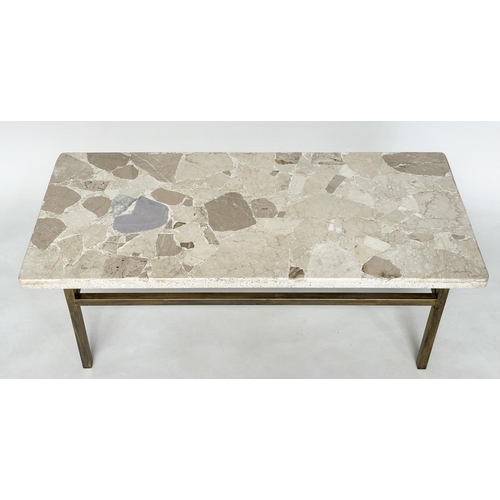 472 - TRAVERTINE LOW TABLE, Italian rectangular mosaic on gilt metal support, 117cm x 53cm D x 43cm H.