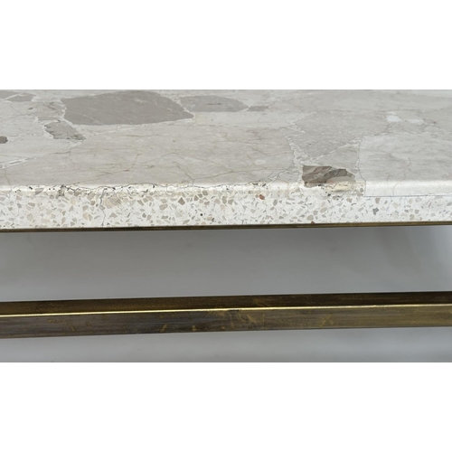 472 - TRAVERTINE LOW TABLE, Italian rectangular mosaic on gilt metal support, 117cm x 53cm D x 43cm H.