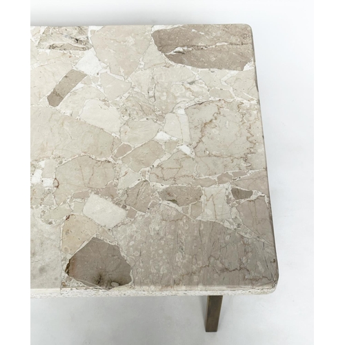 472 - TRAVERTINE LOW TABLE, Italian rectangular mosaic on gilt metal support, 117cm x 53cm D x 43cm H.