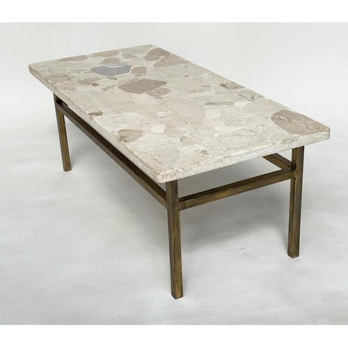 472 - TRAVERTINE LOW TABLE, Italian rectangular mosaic on gilt metal support, 117cm x 53cm D x 43cm H.