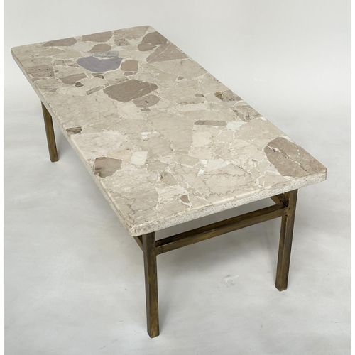 472 - TRAVERTINE LOW TABLE, Italian rectangular mosaic on gilt metal support, 117cm x 53cm D x 43cm H.