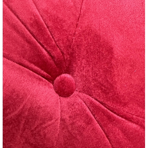 467 - SOFA, scarlet velvet all over deep button upholstered with rounded arms, 195cm W.