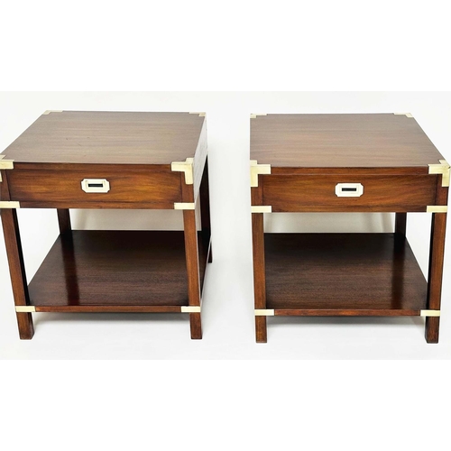 491 - CAMPAIGN LAMP TABLES, a pair, campaign style mahogany and brass bound each with frieze drawer and un... 