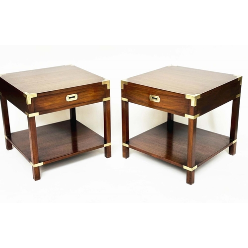 491 - CAMPAIGN LAMP TABLES, a pair, campaign style mahogany and brass bound each with frieze drawer and un... 