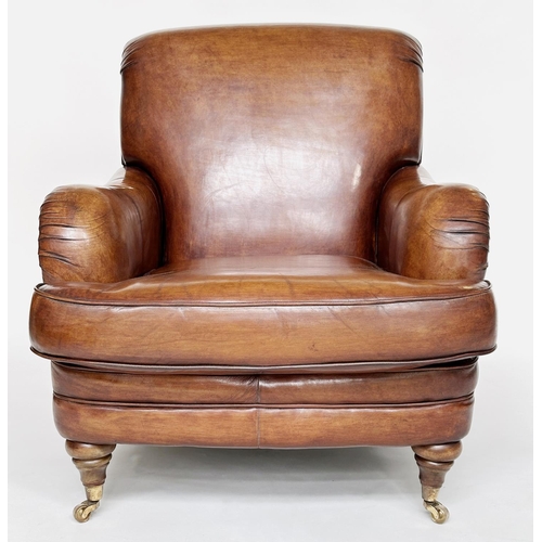 492 - LIBRARY ARMCHAIR, traditional hand finished soft antique tan brown leather with rounded arms and bac... 