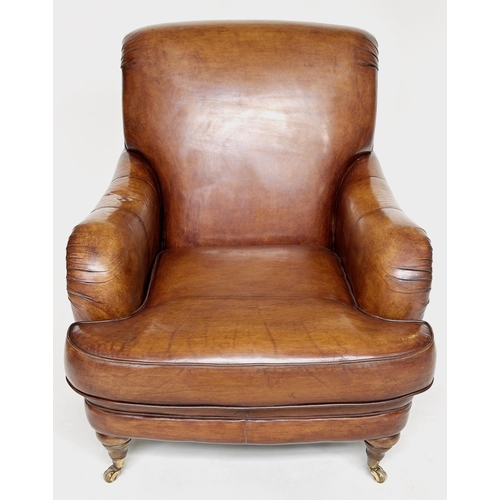 492 - LIBRARY ARMCHAIR, traditional hand finished soft antique tan brown leather with rounded arms and bac... 