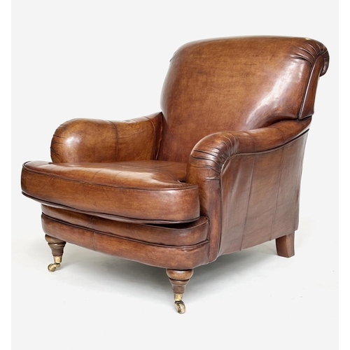 492 - LIBRARY ARMCHAIR, traditional hand finished soft antique tan brown leather with rounded arms and bac... 