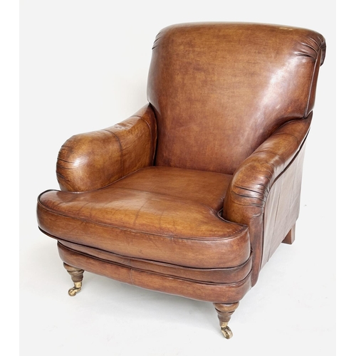 492 - LIBRARY ARMCHAIR, traditional hand finished soft antique tan brown leather with rounded arms and bac... 