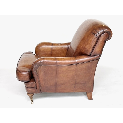 492 - LIBRARY ARMCHAIR, traditional hand finished soft antique tan brown leather with rounded arms and bac... 