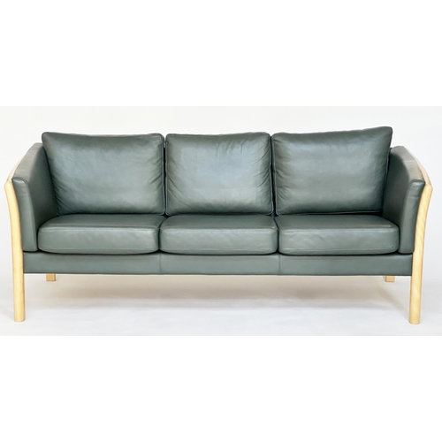 493 - DANISH SOFA, 1970s style stitched dark green leather with three seat cushions, 195cm W.