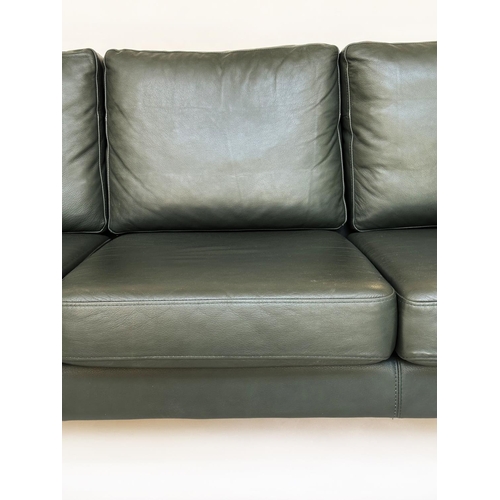 493 - DANISH SOFA, 1970s style stitched dark green leather with three seat cushions, 195cm W.