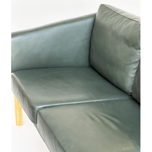 493 - DANISH SOFA, 1970s style stitched dark green leather with three seat cushions, 195cm W.