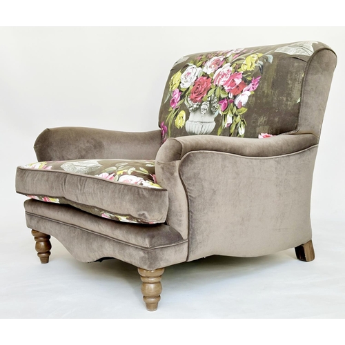 494 - ARMCHAIR, large Howard style flower urn printed velvet upholstery, 88cm W.