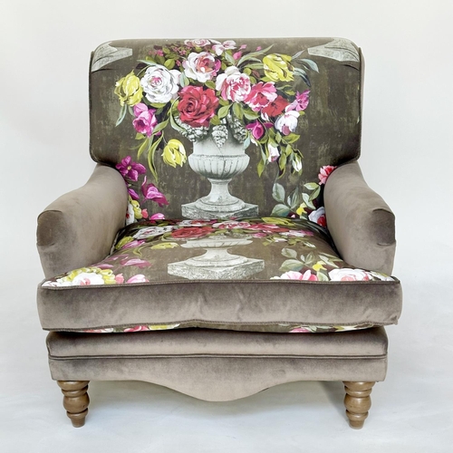 494 - ARMCHAIR, large Howard style flower urn printed velvet upholstery, 88cm W.