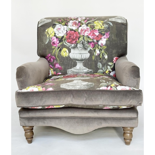 494 - ARMCHAIR, large Howard style flower urn printed velvet upholstery, 88cm W.