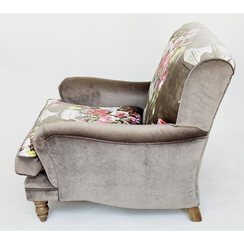 494 - ARMCHAIR, large Howard style flower urn printed velvet upholstery, 88cm W.