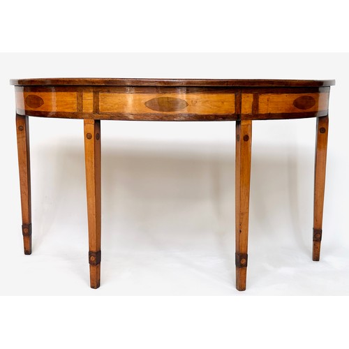 496 - CONSOLE TABLE, George III period satinwood harewood and rosewood bowfronted with radially segmented ... 