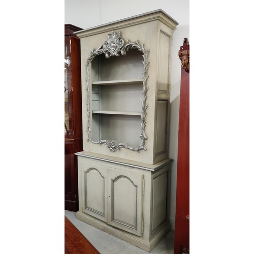 356 - DISPLAY CABINETS, a pair, in a painted finish with carved silvery detail, each 106cm x 217cm x 44cm.... 