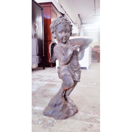 357 - SCULPTURAL PUTTO HOLDING BOWL, cast metal, 74cm H approx.