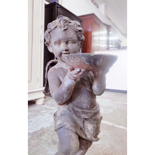 357 - SCULPTURAL PUTTO HOLDING BOWL, cast metal, 74cm H approx.